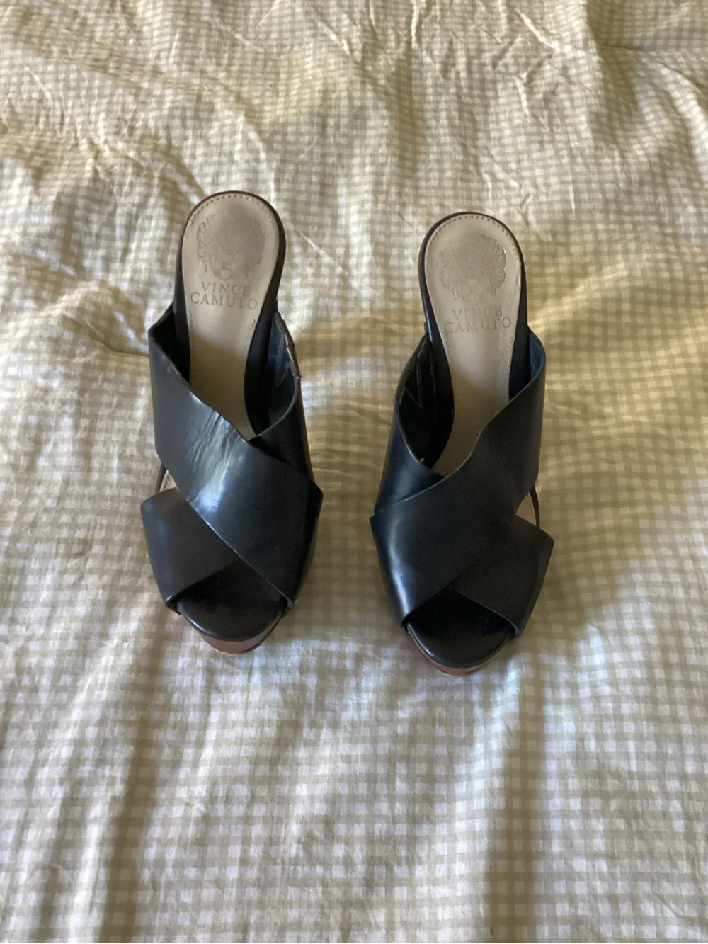 Vince Camuto Black Leather Crisscross Platform Mule with Brown Wood-Look Heel